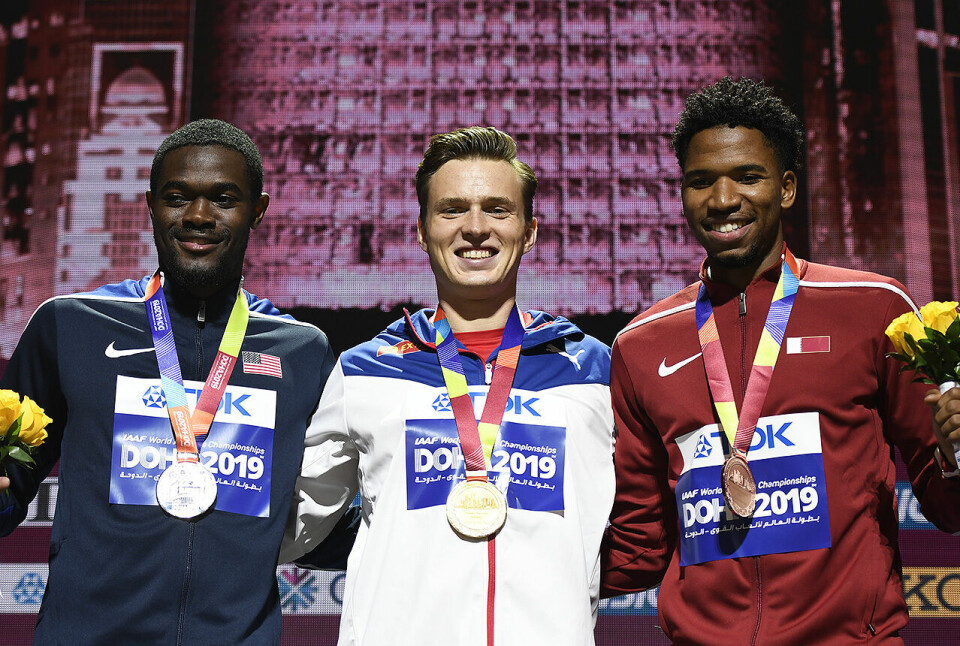 Karsten Warholm snakker om ultraløping og kondisjonstrening VM-friidrett-2019-Doha-Rai-BENJAMIN-Karsten-WARHOLM-Abderrahman-SAMBA-premiepall-400-m-hekk-KD-85966- Foto_Bjørn_Johannessen.JPG