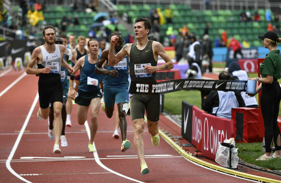 Historisk med fire norske menn på 5000 m i et Diamond League-løp Jakob Ingebrigtsen la nok en triumf til sin allerede lange merittliste da han vant mile-løpet i Diamond League-stevnet i Eugene. (Foto: Diamond League AG)