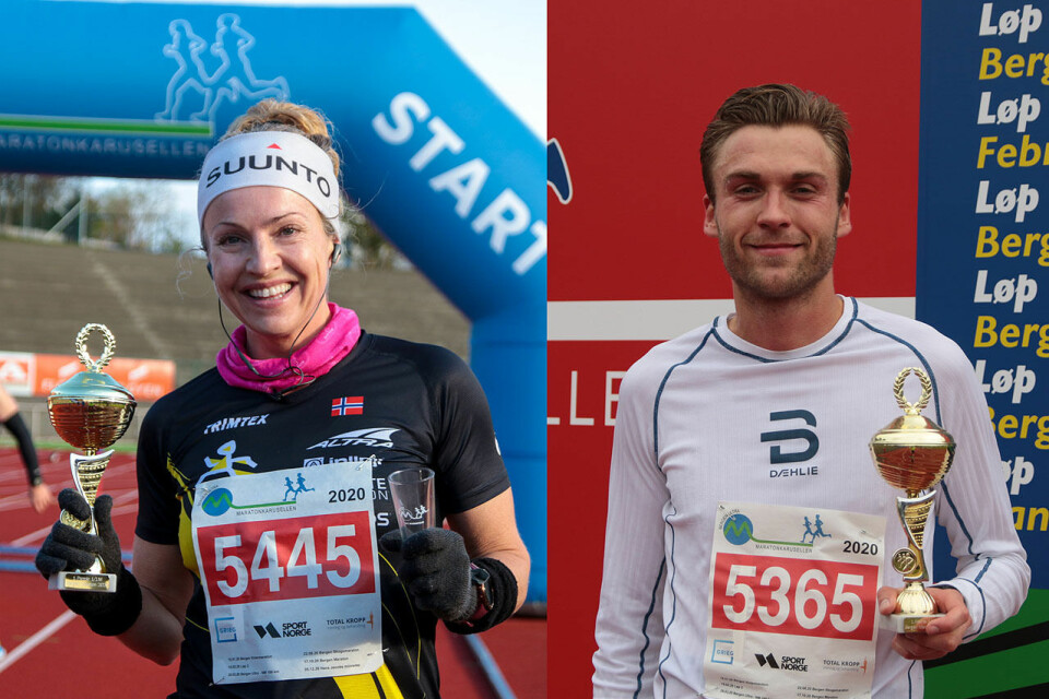 Therese Falk og Mathias Sæten med de flotte pokalene fra Maratonkarusellen. (Alle foto: Arne Dag Myking) Therese Falk og Mathias Sæten med de flotte pokalene fra Maratonkarusellen. (Alle foto: Arne Dag Myking)