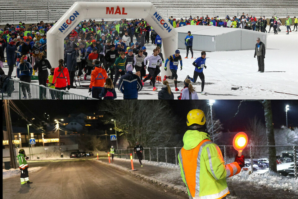 I dag må løperne krysse veien utenfor Fana Stadion siden gangtunnelen er stengt. I dag må løperne krysse veien utenfor Fana Stadion siden gangtunnelen er stengt.