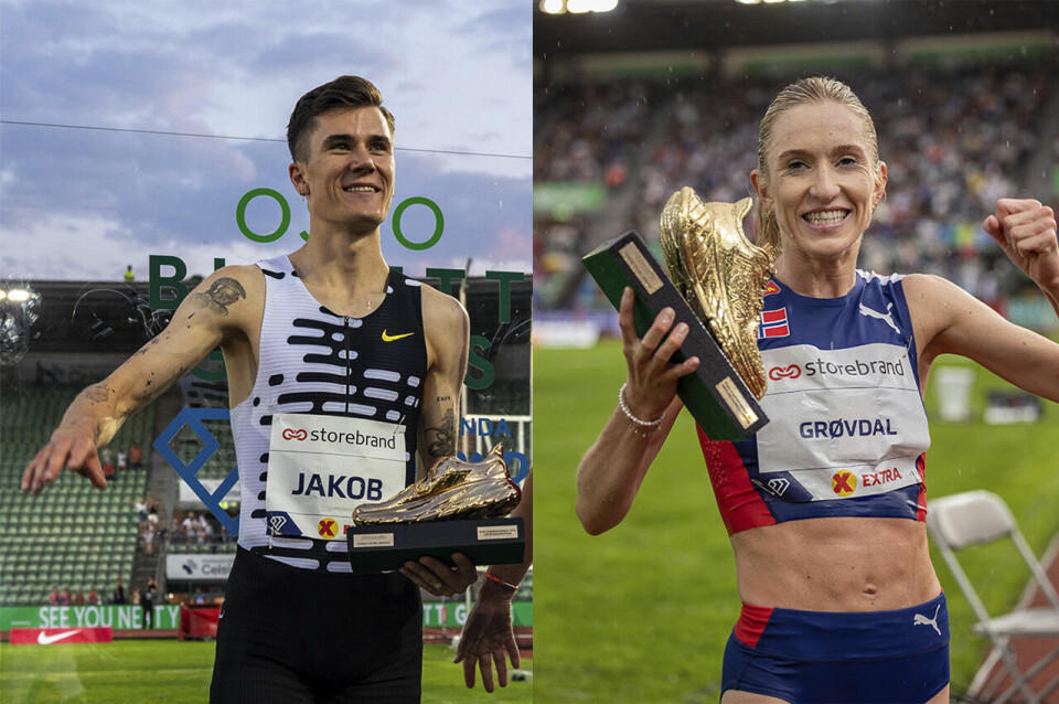 Jakob Ingebrigtsen og Karoline Bjerkeli Grøvdal har til sammen vunnet Kondis' gullsko 19 ganger som seniorer. Inkludert juniorkåringene har de to sikra seg hele 26 gullsko. (Foto: Samuel Hafsahl) Jakob Ingebrigtsen og Karoline Bjerkeli Grøvdal har til sammen vunnet Kondis' gullsko 19 ganger som seniorer. Inkludert juniorkåringene har de to sikra seg hele 26 gullsko. (Foto: Samuel Hafsahl)
