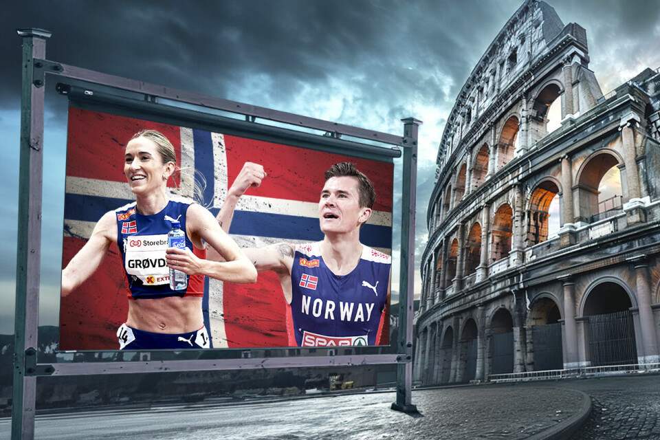 Karoline Bjerkeli Grøvdal og Jakob Ingebrigtsen er våre sterkeste kort når EM i Roma nå ruller i gang. (Illustrasjon: Tom-Arild Hansen) Karoline Bjerkeli Grøvdal og Jakob Ingebrigtsen