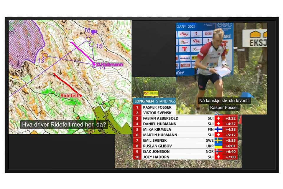 TV-sendingene fra årets EM i orientering viste oss hva som foregikk ute i løypen. Og der var det mange gode norske prestasjoner. (Foto: skjermprinter fra NRK). EM i orientering på TV-skjermen