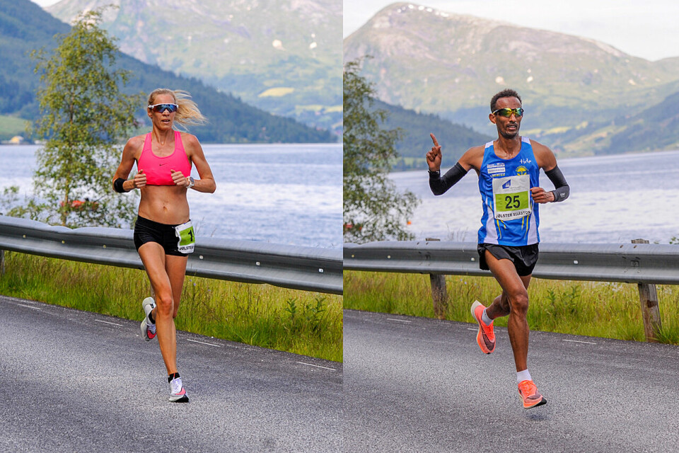 Silje Eklund og Ebrahim Abdulaziz løp seg inn til NM-titler på maratondistansen under Jølster Maraton. (Foto: Arne Dag Myking) Silje Eklund og Ebrahim Abdulaziz løp seg inn til NM-titler på maratondistansen under Jølster Maraton. (Foto: Arne Dag Myking)