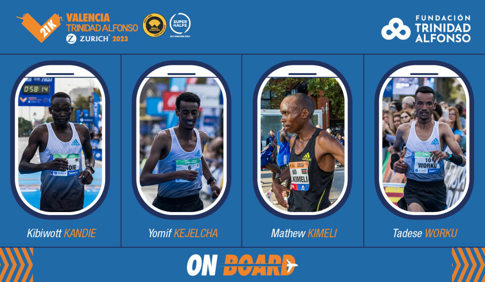 Kibiwott Kandi, Yomif Kejelcha, Mathew Kimeli og Tadese Worku er de fire herrene med best pers som er påmeldt Valencia Halvmaraton. (Foto: arrangøren) Kibiwott Kandi, Yomif Kejelcha, Mathew Kimeli og Tadese Worku er de fire herrene med best pers som er påmeldt Valencia Halvmaraton. (Foto: arrangøren)