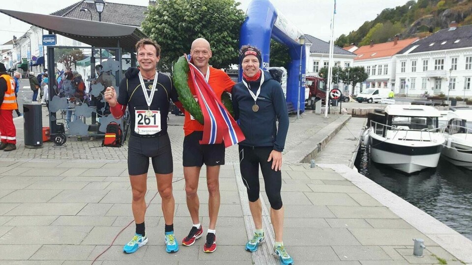 40-åringene dominerte da Konvoi Maraton avsluttet Risør Festuke Pallen i herreklassen med Gisle Johnsen, Erik Bergersen og Odd Solvold (foto: Siw Omdal Bergersen).