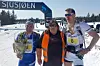 Her er det rennleder Tudi Elise Kaus som skiller de to Håvardene, Solås Taugbøl (til v.) og Hansen, etter at det var fire sekunder som skilte dem i mål etter 120 km. (Arrangørfoto)