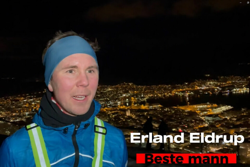 Erland Eldrup ble raskeste mann opp til Fløyen. (Bilde/video: Arne Dag Myking) Erland Eldrup