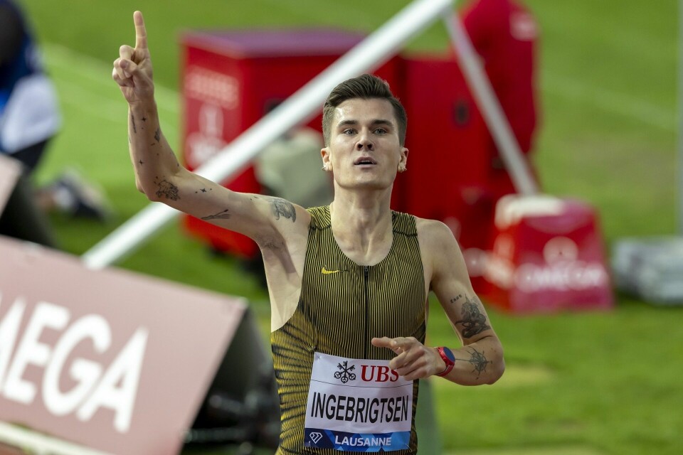Jakob Ingebrigtsen kunne feire på målstreken under 1500 meteren i Lausanne. (Foto: Keystone/Salvatore Di Nolfi) Jakob Ingebrigtsen kunne igjen feire på målstreken under 1500 metren i Lausanne torsdag. (Foto: Keystone/Salvatore Di Nolfi)