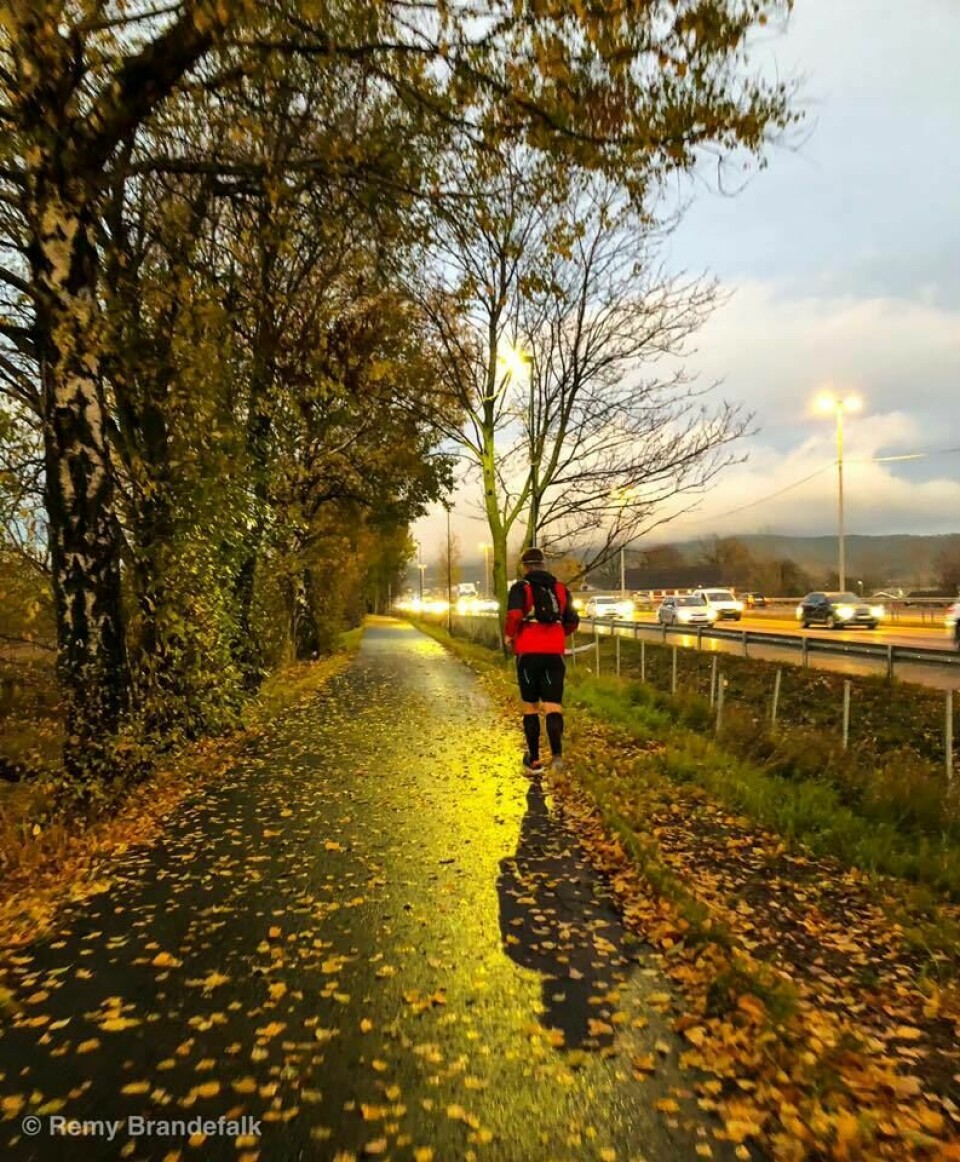 Löplabbets AllehelgensUltraMaraton uten knep underveis Høst_langs_E16.jpg