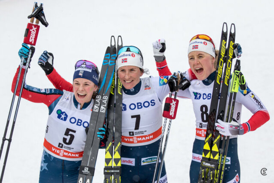 De tre raskeste på 3-mila; Diggins, Bjørgen og Haga. (Foto: Sylvain Cavatz) De tre raskeste på 3-mila; Diggins, Bjørgen og Haga. (Foto: Sylvain Cavatz)