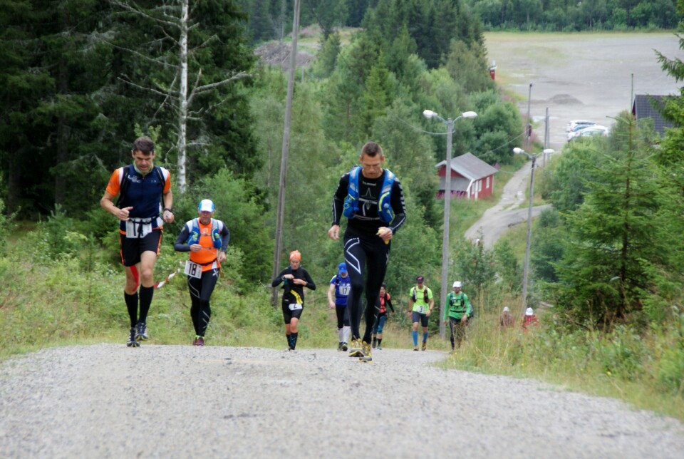 Løpet startet med en knallhard bakke opp fra Gåsbu - her med to av de raskeste 45-kilometersløperne i front, Pål Thoresen og Giovanni Luatti (foto: Stein Arne Negård). Løpet startet med en knallhard bakke opp fra Gåsbu - her med to av de raskeste 45-kilometersløperne i front, Pål Thoresen og Giovanni Luatti (foto: Stein Arne Negård).