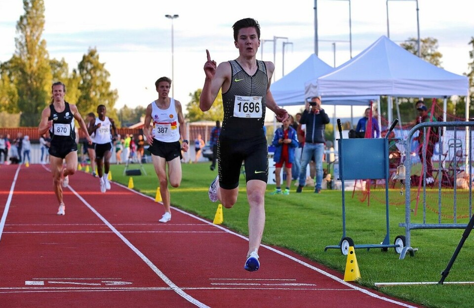 Jakob Ingebrigtsen kunne juble for seier i sesongåpninga på 1500 m. (Arkivfoto: Bjørn Hytjanstorp) Jakob Ingebrigtsen kunne juble for seier i sesongåpninga på 1500 m. (Arkivfoto: Bjørn Hytjanstorp)