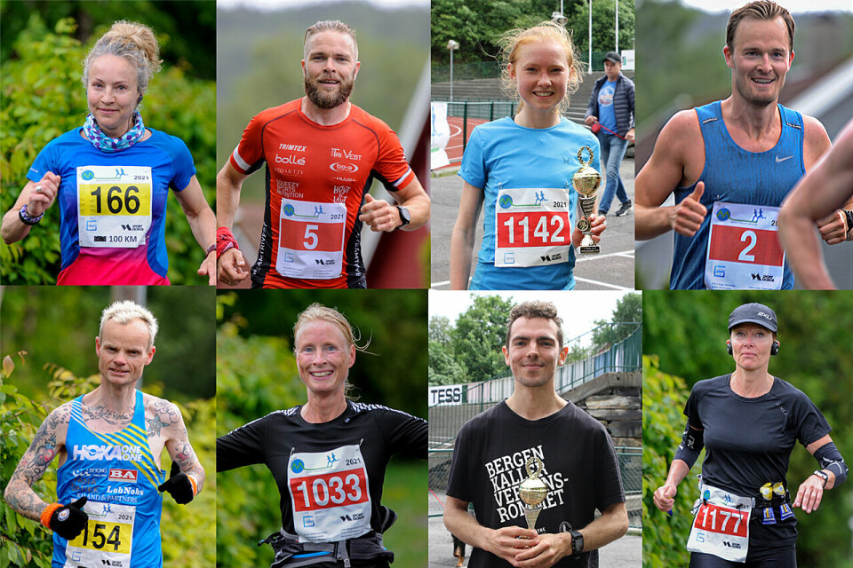 Vinnerne i Bergen Ultra, på fire distanser: Therese Falk, Tor-Aanen Kallekleiv, Adele Henriksen, Thomas Schjøtt Hannevig. Bjørn Tore Kronen Taranger, Kjersti Ervik, Tage Morken Augustson, Holmfridur Adalsteinsdottir. (Foto: Arne Dag Myking) Vinnerne i Bergen Ultra, på fire distanser: Therese Falk, Tor-Aanen Kallekleiv, Adele Henriksen, Thomas Schjøtt Hannevig. Bjørn Tore Kronen Taranger, Kjersti Ervik, Tage Morken Augustson, Holmfridur Adalsteinsdottir. (Foto: Arne Dag Myking)