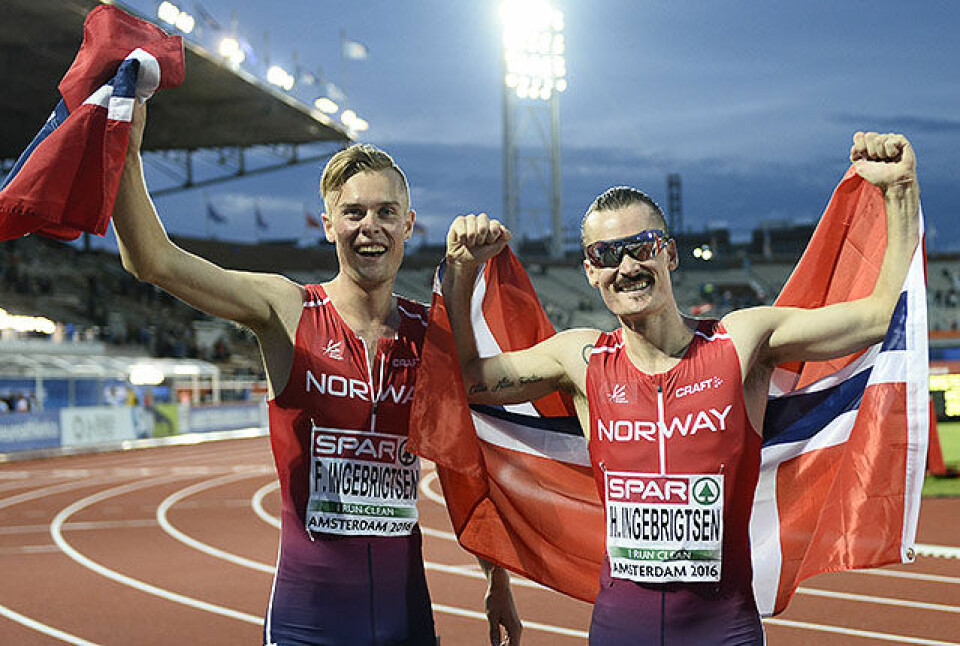 Brødrene Ingebrigtsen kunne juble hemningsløst og gratulere hverandre med EM-medalje. (Foto: Bjørn Johannessen) Brødrene Ingebrigtsen kunne juble hemningsløst og gratulere hverandre med EM-medalje. (Foto: Bjørn Johannessen)