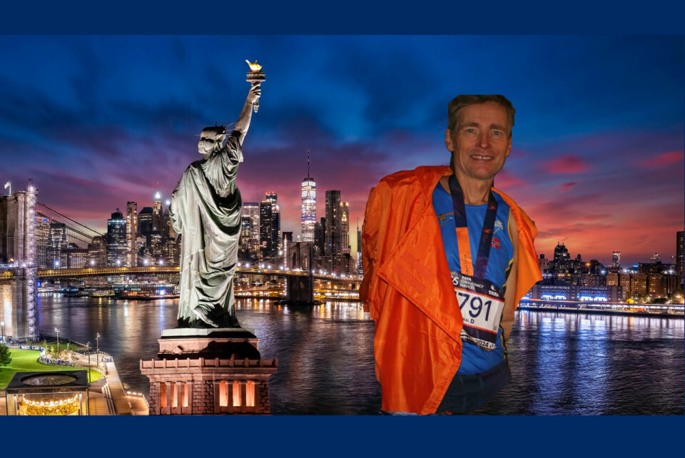 Det ble en vellykket helg i New York for Robert Næss, med en tredjeplass i aldersklassen, ny pers og besøk til Brann-fansen som var samlet på en pub. (Foto: iStock/Larry Gibson+privat bilde) Robert Næss med Brannfansen