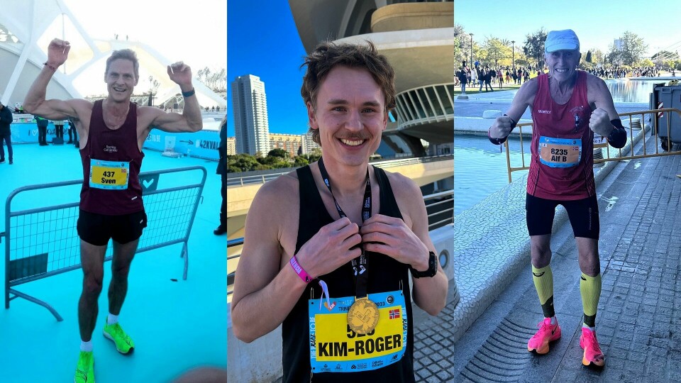 Sven Kilander (til v.) løp tidenes nest beste maraton i M45, Kim-Roger Trøite (i midten) var best av alle de 468 nordmennene og Alf B Dahl (til h.) satte ny norsk aldersrekord i M65 i Valencia Marathon. (Foto: Privat) Sven Kilander (M45-til venstre) og Alf B Dahl (M65-til høyre) satte nye norske aldersrekorder, og Kim-Roger Trøite var best av alle de 468 nordmennene i Valencia Marathon. (Foto: Privat)