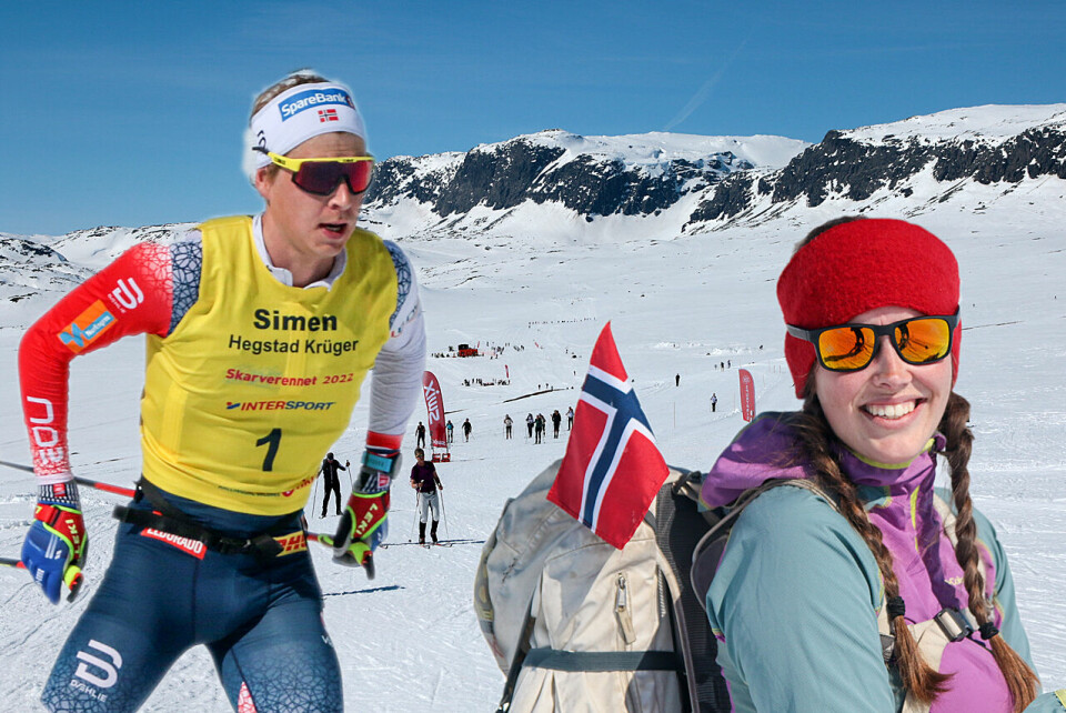 I Skarverennet deltar både eliteløpere, som Simen Hegstad Krüger, og vanlige mosjonister som bruker rennet til å få en stor skiopplevelse i høyfjellsterreng. (Alle foto: Arne Dag Myking) Eliteløper Simen Hegstad Krüger og en mosjonist foran Hallingskarvet