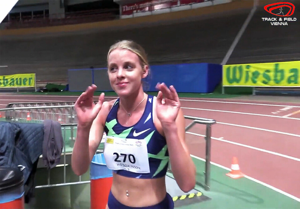 Britiske Keely Hodgkinson kunne glede seg over et strålende løp og ny verdensrekord. (Foto: skjermdump fra Vienna Indoor Track and Fields streaming) Britiske Keely Hodgkinson kunne glede seg over et strålende løp og ny verdensrekord. (Foto: skjermdump fra Vienna Indoor Track and Fields streaming)
