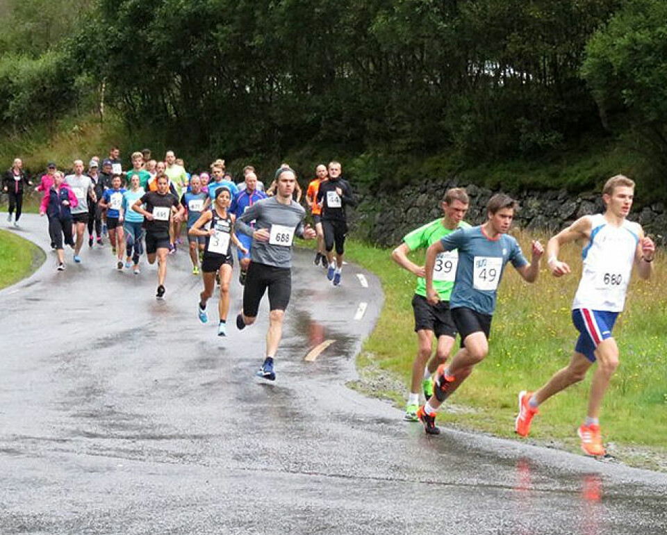 Rett etter starten for 11 km. Lars Lunde er i tet, og vi ser også Susanne Wigene i Haugesund ILs svarte drakt på femteplass. Rett etter starten for 11 km. Lars Lunde er i tet, og vi ser også Susanne Wigene i Haugesund ILs svarte drakt på femteplass.