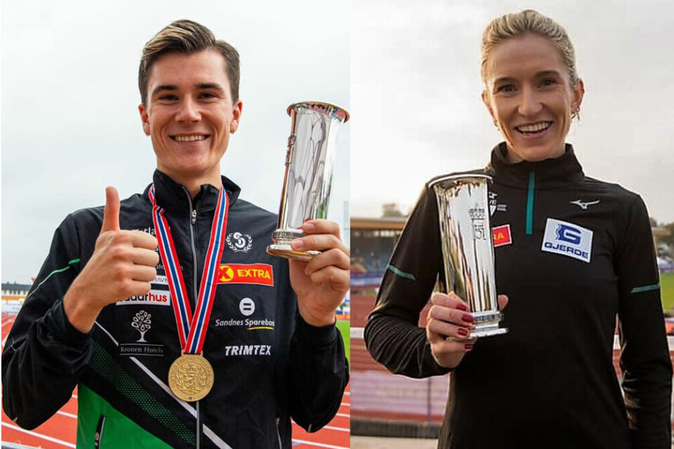 Kongepokalvinnere 2021: Jakob Ingebrigtsen, Sandnes IL og Karoline Bjerkeli Grøvdal, IK Tjalve. (Foto fra mesterskapets facebookside) Kongepokalvinnere 2021: Jakob Ingebrigtsen, Sandnes IL og Karoline Bjerkeli Grøvdal, IK Tjalve. (Foto fra mesterskapets facebookside)