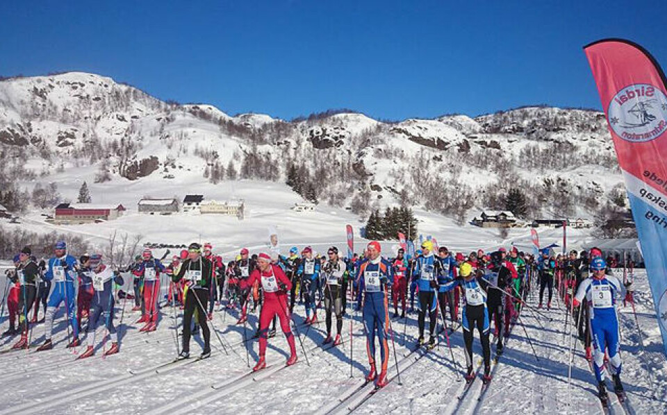 Fra starten på helmaraton kl 1030 lørdag formiddag. (Arrangørfoto) Fra starten på helmaraton kl 1030 lørdag formiddag. (Arrangørfoto)