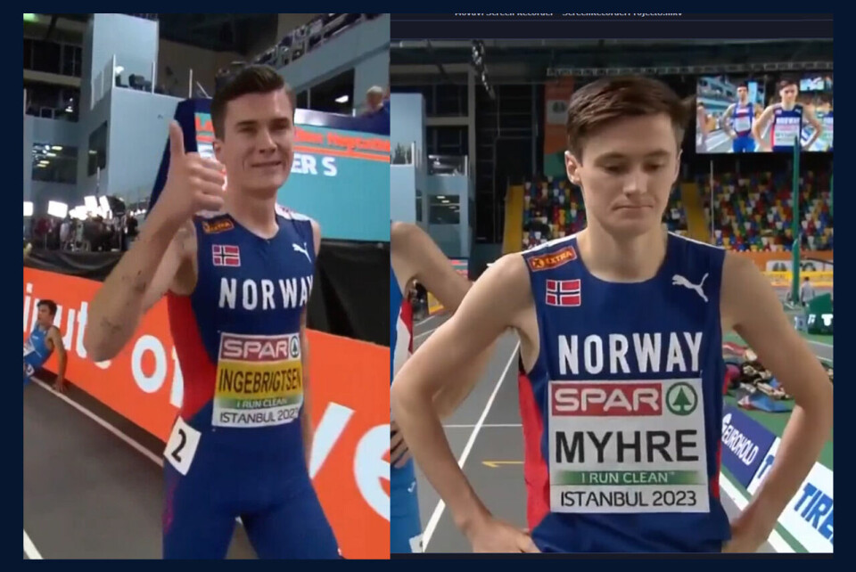 Jakob Ingebrigtsen og Magnus Tuv Myhre, bilde fra streaming på AllAthleticsTV. Jakob Ingebrigtsen og Magnus Tuv Myhre begge til finalen på 3000 meter i EMBegge de to norske deltagerne kvalifiserte seg til finaleheatet, Jakob komfortabelt, Magnus akkurat så vidt