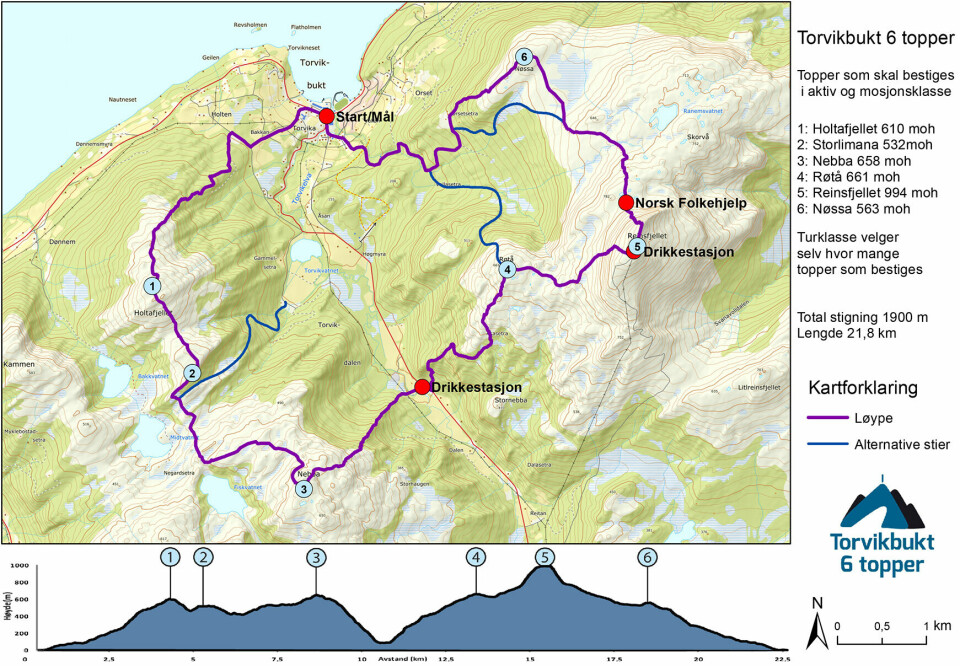 Løypen i Torvikbukt 6 topper. Løypen i Torvikbukt 6 topper.