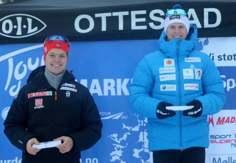 Kristian Græsli (til venstre) som sist helg imponerte med 10. plass (og 19. og 23.plass) i Skandinavisk Cup på Birkebeineren Skistadion, måtte se seg slått av Petter Soleng Skinstad på oppløpet på Gåsbu. Kristian Græsli (til venstre) som sist helg imponerte med 10. plass (og 19. og 23.plass) i Skandinavisk Cup på Birkebeineren Skistadion, måtte se seg slått av Petter Soleng Skinstad på oppløpet på Gåsbu.
