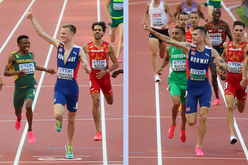 Både Narve Gilje Nordås og Jakob Ingebrigtsen tillot seg en liten feiring av at finaleplassen var klar. (Alle foto: Arne Dag Myking) Både Narve Gilje Nordås og Jakob Ingebrigtsen tillot seg en liten feiring av at finaleplassen var klar. (Alle foto: Arne Dag Myking)