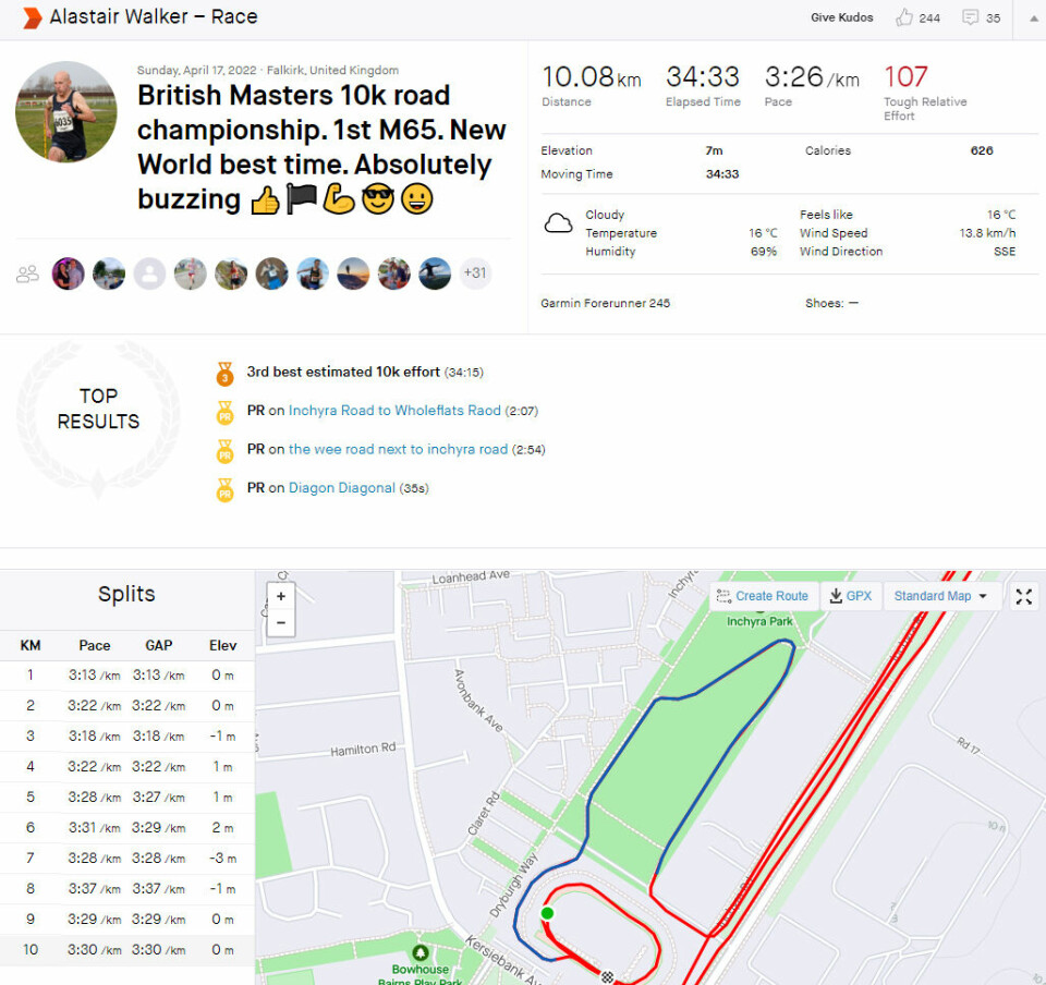 65 år gamle Alastair Walker løp 10 km på 34.32 og satte verdensrekord Alastair-Walker-stravarapport.jpg