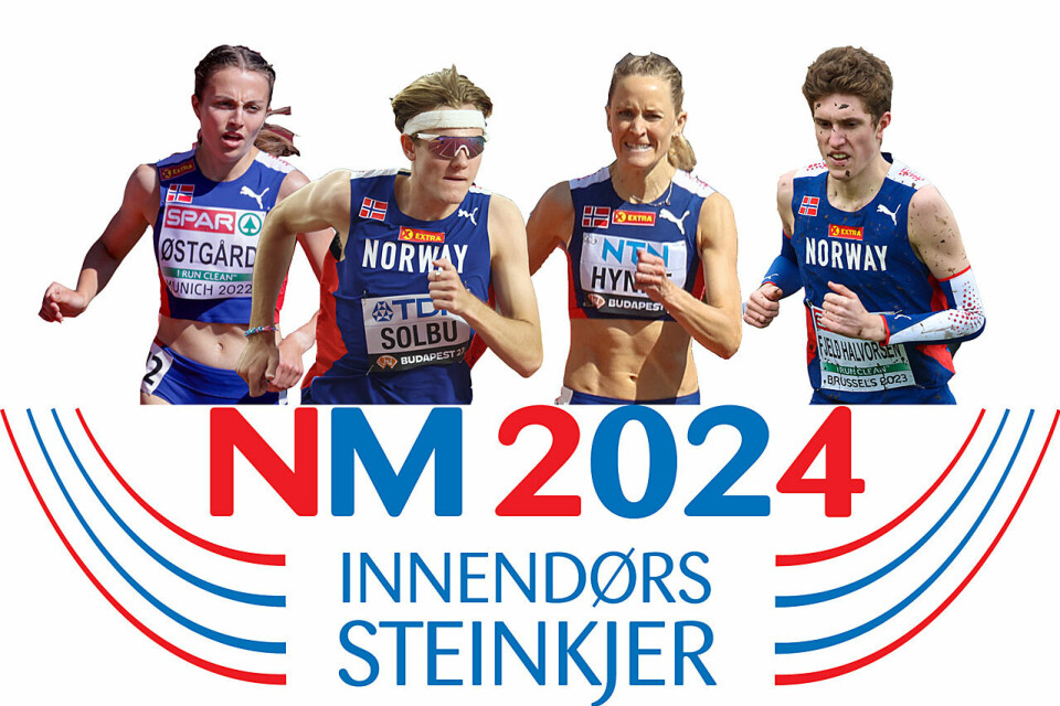 Noen av dem som kanskje tar en norgesmestertittel i helgen: Ingeborg Østgård, Ole Jakob Høsteland Solbu, Hedda Hynne og Andreas Fjeld Halvorsen. (Alle foto: Arne Dag Myking) NM Friidrett Innendørs logo
