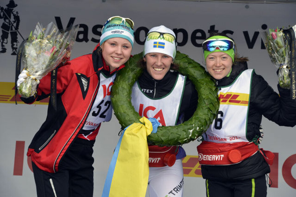Laila Kveli nr. 2 etter spurtoppgjør Mora 130223TjejVasan Oxberg-MoraJulia Svan, Susanne Nyström och Laila Kveli.Foto Nisse Schmidt
