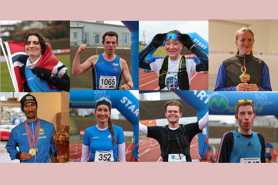 Dette er alle vinnerne fra Bergen Ultra / NM 100km: Ingrid Lid, Tage Morken Augustson, Marit Widding, Lina Rivedal, Ebrahim Abdulaziz, Malene Hjorteland, Thomas Berg-Larsen og Ketil Monssen. (Alle foto: Arne Dag Myking) Vinnerne i Bergen Ultra