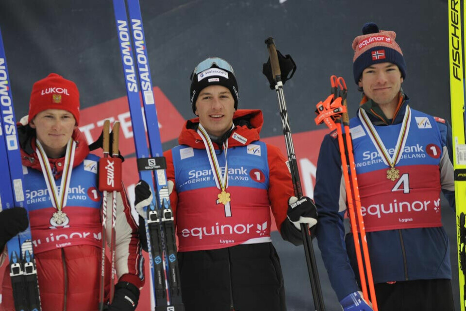 Valerio Grond fra Sveits (midten) vant foran Denis Filimonov fra Russland (til venstre) og Magnus Øyaas Håbrekke fra Norge. (Foto: Norges Skiforbund) Valerio Grond fra Sveits (midten) vant foran Denis Filimonov fra Russland (til venstre) og Magnus Øyaas Håbrekke fra Norge. (Foto: Norges Skiforbund)