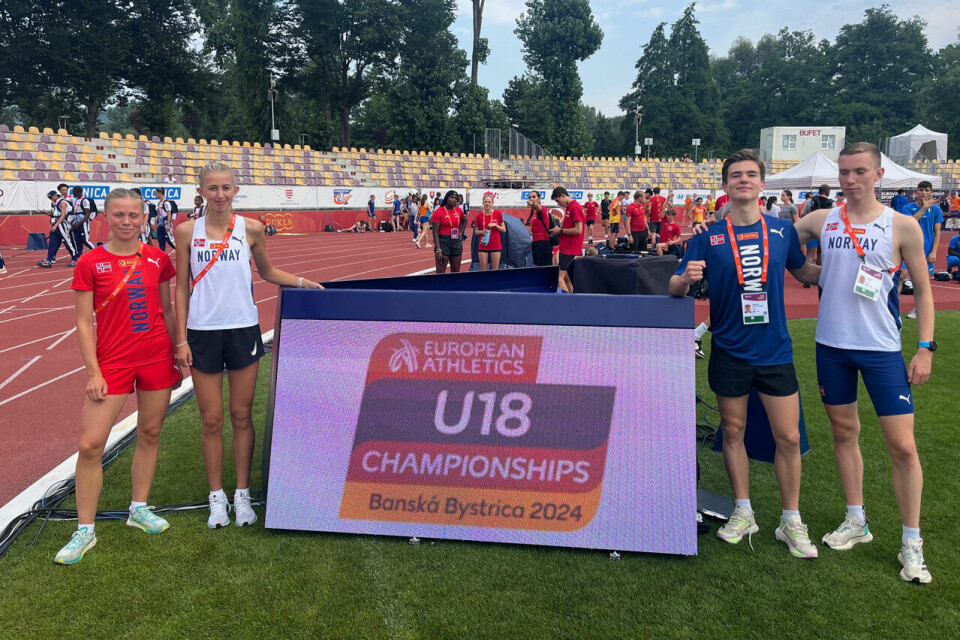Fire spreke norske løpere i U18-EM. Fra venstre: Mathea Lægran, Wilma Bekkemoen Torbiörnsson, Åsmund Sunde Førde og Magnus Øyen. (Foto: Hans Jørgen Borgen) Fire spreke norske løpere i U18-EM. Fra venstre: Mathea Lægran, Wilma Bekkemoen Torbiörnsson, Åsmund Sunde Førde og Magnus Øyen. (Foto: Hans Jørgen Borgen)