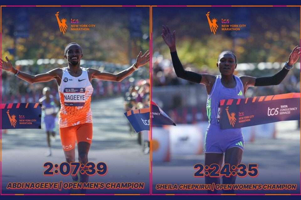 Vinnerne av New York City Marathon 2024: Abdi Nageeye og Sheila Chepkirui. (Foto fra løpets facebookside) Vinnerne av New York City Marathon 2024: Abdi Nageeye og Sheila Chepkirui. (Foto fra løpets facebookside)