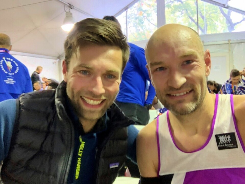 Eirik Gundersen og Jann Post var raskest av de norske i årets TCS New York City Marathon. Bilder er tatt i teltet for sub-eliten etter målgang. (Privat foto) Eirik Gundersen og Jann Post var raskest av de norske i årets TCS New York City Marathon. Bilder er tatt i teltet for sub-eliten etter målgang. (Privat foto)