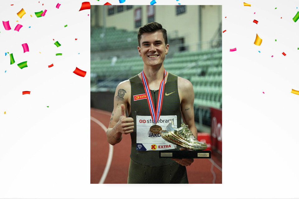 Jakob Ingebrigtsen med Kondis´ gullsko, som han har blitt tildelt flere ganger. (Foto: Samuel Hafsahl) Jakob Ingebrigtsen med Kondis´ gullsko, som han har blitt tildelt flere ganger. (Foto: Samuel Hafsahl)