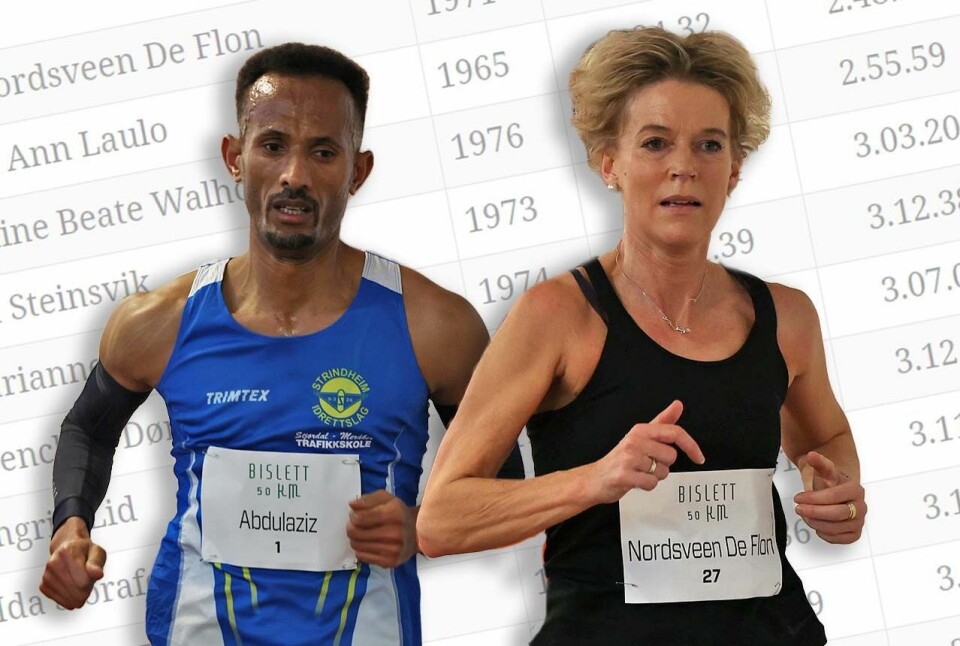 Ebrahim Abdulaziz og Rita Nordsveen De Flon topper 50 km også etter omregning. (Foto: Samuel Hafsahl, Collage: Tom-Arild Hansen) Ebrahim Abdulaziz og Rita Nordsveen De Flon topper Bislett 50 km også etter omregning