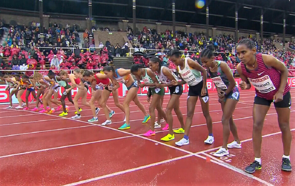 Fra starten på 5000 m i regnværet på Stockholm Stadion søndag med Karoline Bjerkeli Grøvdal midt i feltet. (Skjermdump fra NRK) ra starten på 5000 m i regnværet på Stockholm Stadion søndag med Karoline Bjerkeli Grøvdal midt i feltet. (Skjermdump fra NRK)