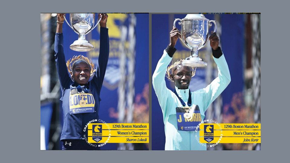 Sharon Lokedi og John Korir kan motta laurbærkrans og stor pokal etter å ha vunnet Boston Marathon 2025. (Foto: arrangør) Sharon Lokedi og John Korir kan motta laurbærkrans og stor pokal etter å ha vunnet Boston Marathon 2025. (Foto: arrangør)
