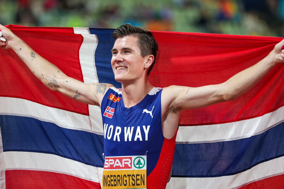 Jakob Ingebrigtsen kunne feire nok en gang i Zürich torsdag kveld. Her fra feiringen av EM-gullet på 1500 m i München i sommer. (Foto: Arne Dag Myking) Jakob Ingebrigtsen kunne feire nok en gang i Zürich torsdag kveld. Her fra feiringen av EM-gullet på 1500 m i München i sommer. (Foto: Arne Dag Myking)