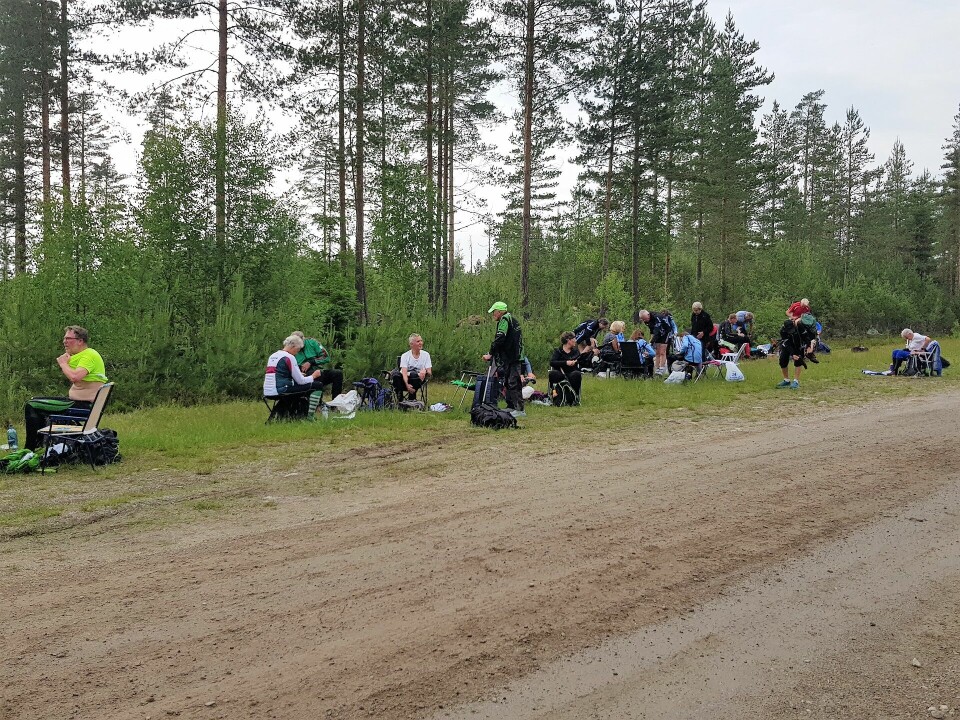 Trivelig i Mosjømarka i Løten på ukas bedrifts-orienteringsløp Garderobe langs flystripa hvor myggen tok seg til rette ......jpg