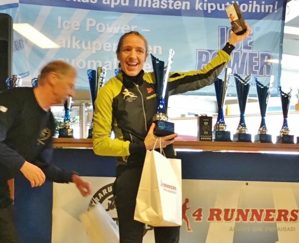 Guro Skjeggerud jubler for seier, pers og oppnådd VM-krav i Espoo (foto: Stig Andy Kvalheim). Guro Skjeggerud jubler for seier, pers og oppnådd VM-krav i Espoo (foto: Stig Andy Kvalheim).