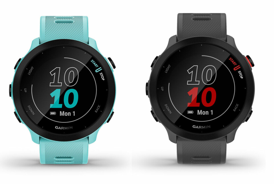 Garmin lanserer nå sportsklokka Forerunner 55. Den finnes i flere ulike fargekombinasjoner.(Foto: Garmin) Garmin lanserer nå sportsklokka Forerunner 55. Den finnes i flere ulike fargekombinasjoner.(Foto: Garmin)