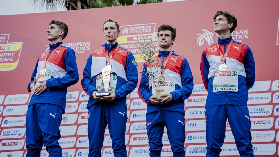 Norske gullgutter i U20 i Tyrkia: Andreas Fjeld Halvorsen, Magnus Øyen, Kristian Bråthen Børve og Åsmund Sunde Førde. (Foto: European Athletics) Norske gullgutter i U20 i Tyrkia: Andreas Fjeld Halvorsen, Magnus Øyen, Kristian Bråthen Børve og Åsmund Sunde Førde. (Foto: European Athletics)