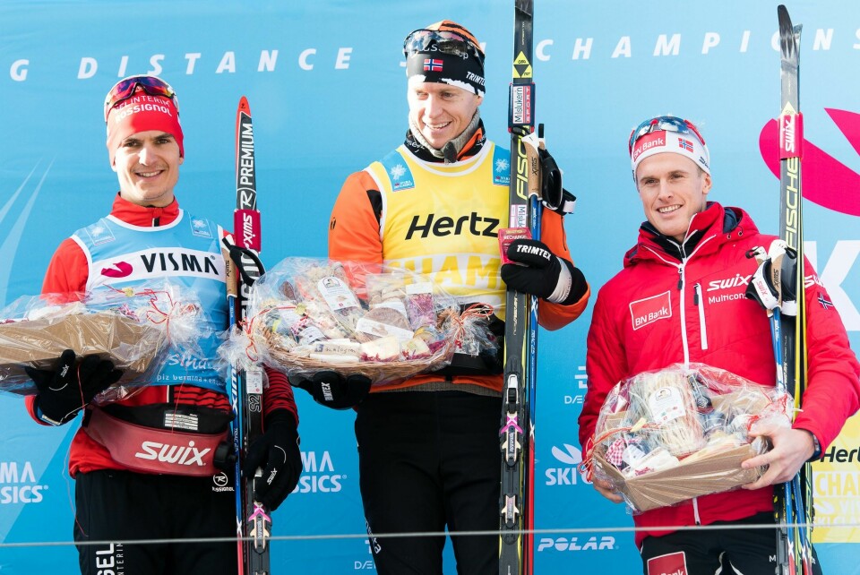 Pallen i herreklassen med Eliassen på topp og Eide Pedersen på 3. plass (foto_Magnus Östh) Pallen i herreklassen med Eliassen på topp og Eide Pedersen på 3. plass (foto_Magnus Östh)