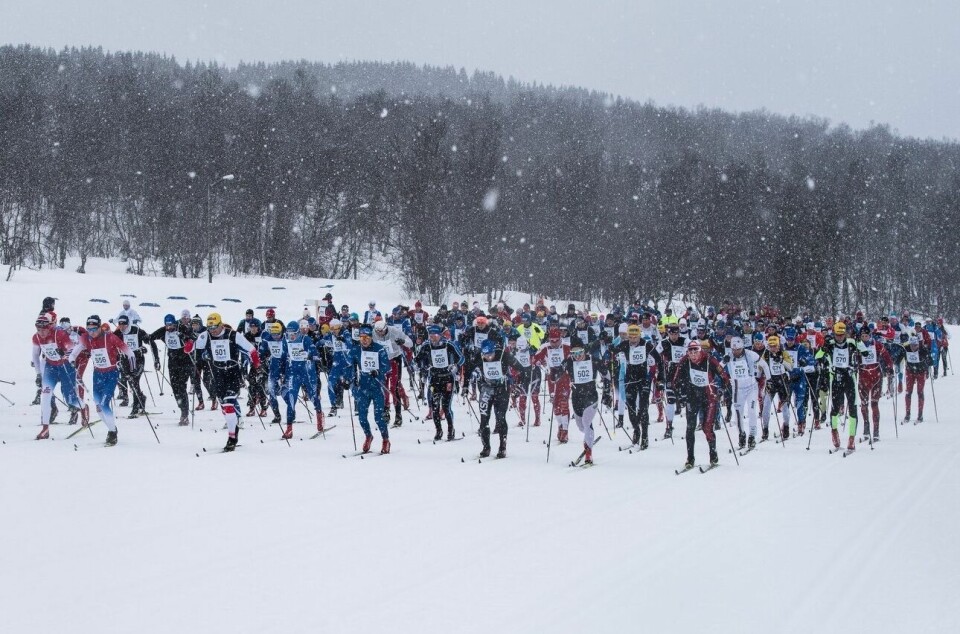Fra starten på årets skimaraton i Tromsø. (Arrangørfoto) Fra starten på årets skimaraton i Tromsø. (Arrangørfoto)