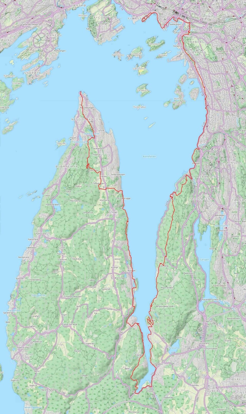 Bunnefjorden rundt - fra Nesoddtangen til Aker Brygge på sti 1-kart-nesoddtangen-aker-brygge.jpg